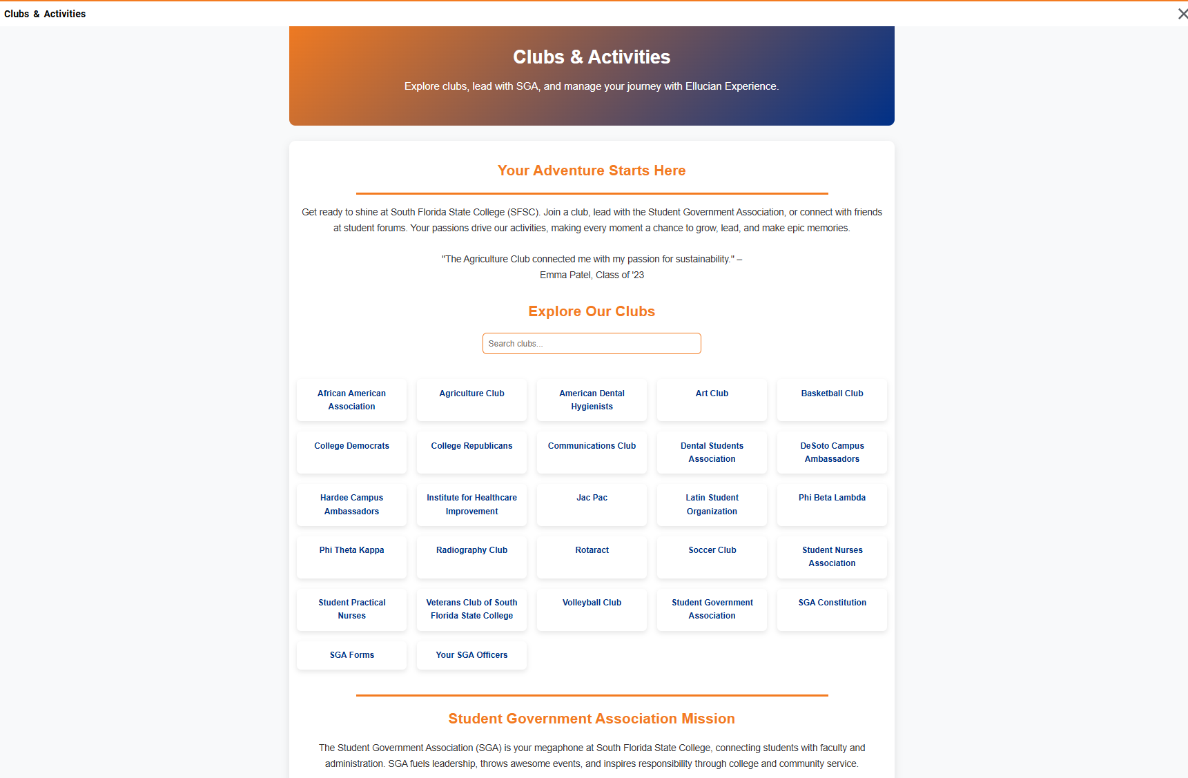 Clubs & Activities Ellucian Experience development screenshot